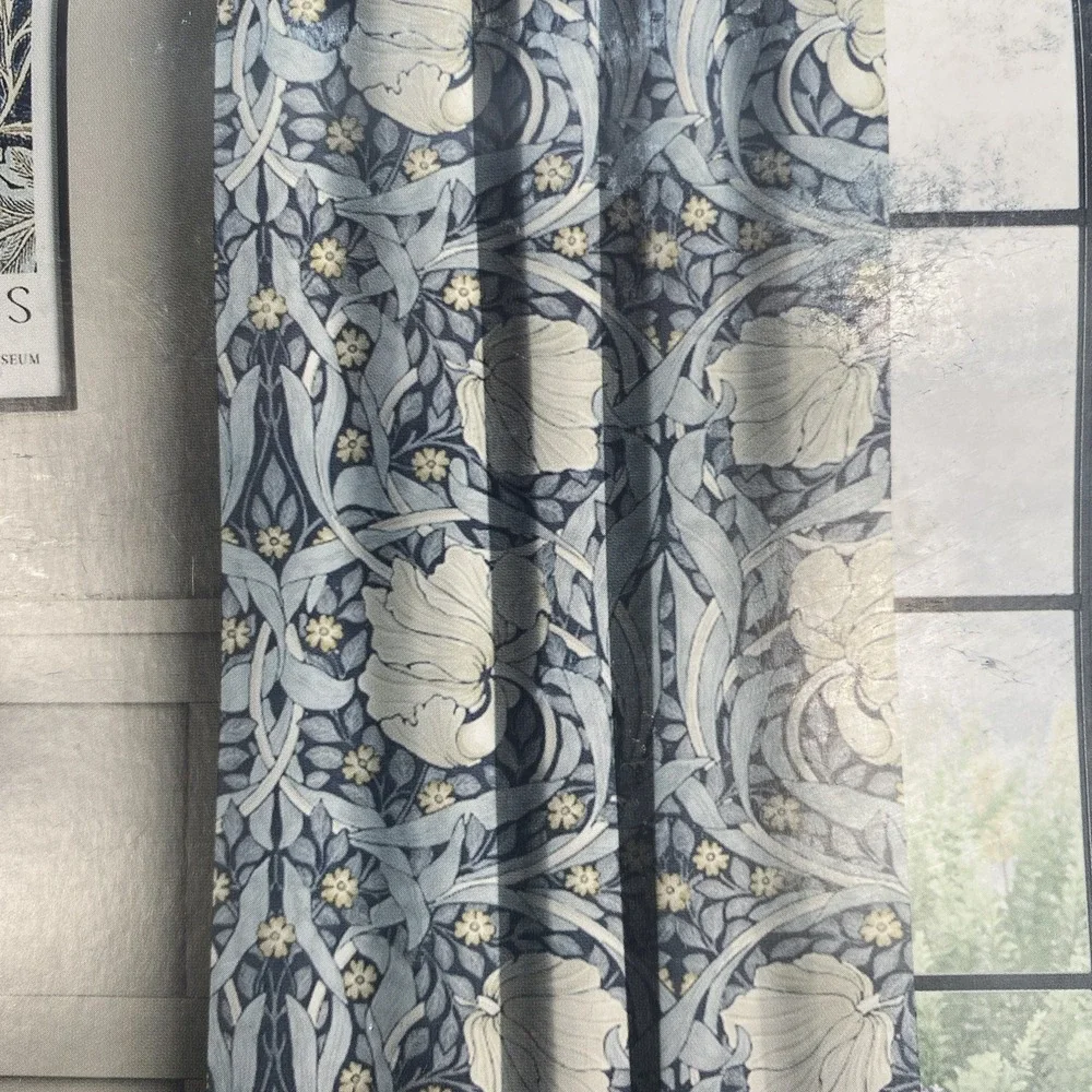 William Morris Curtain Panel Pair 50x84 Pimpernel Ink Navy Blue Floral Cotton